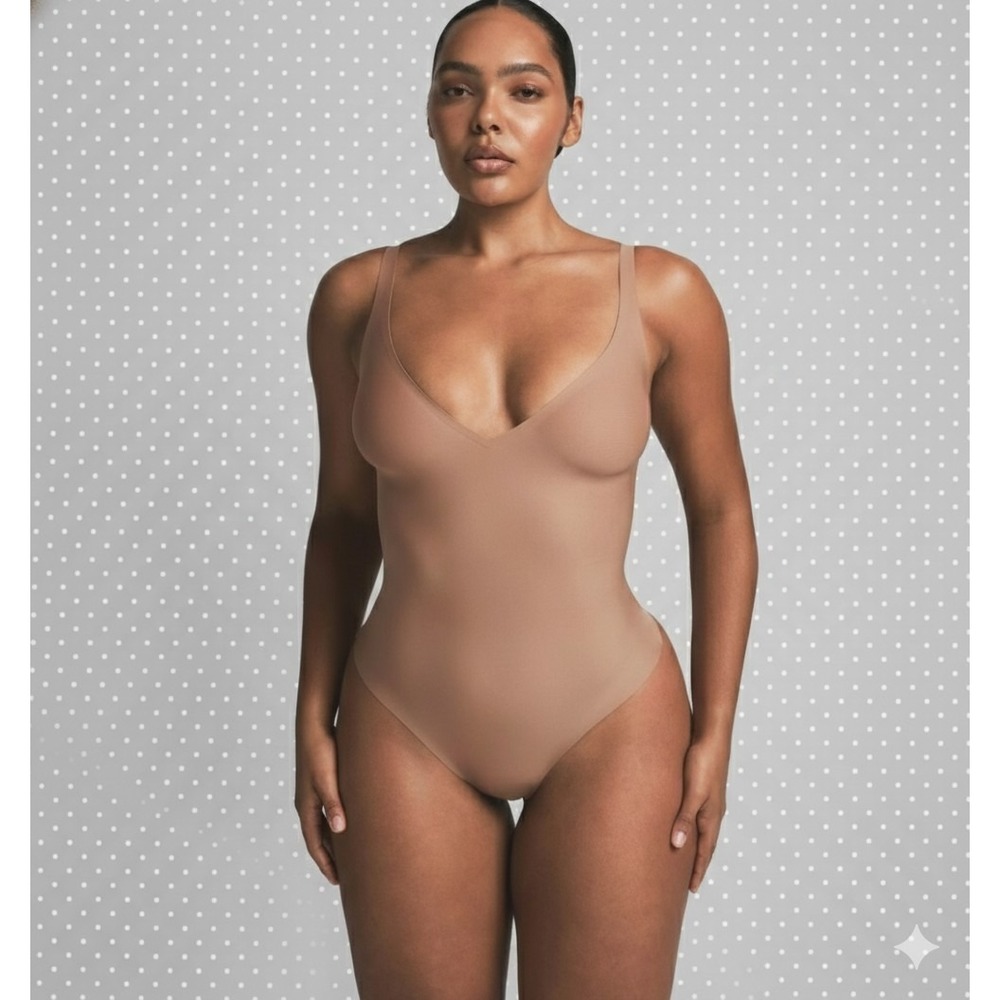 New Skims Unlined Plunge Thong Bodysuit Sienna Small S BD-THG-7118W Beige NWT